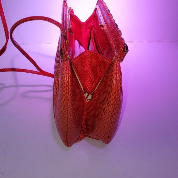 Vintage Judith Leiber Red Snakeskin Clutch with Strap and Gemstones w/ gold comb - Picture 3 of 9